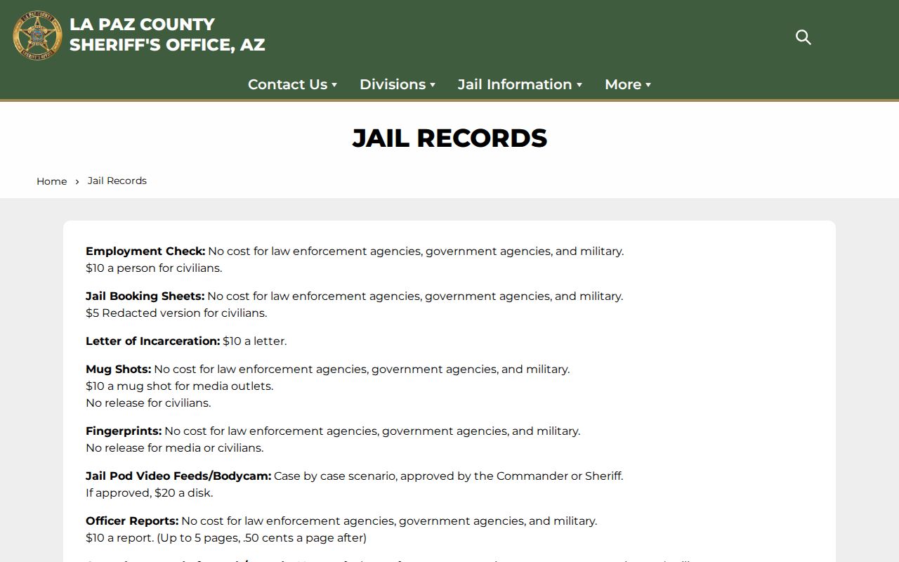La Paz County Sheriff Jail Records page showing booking sheet and mugshot policies