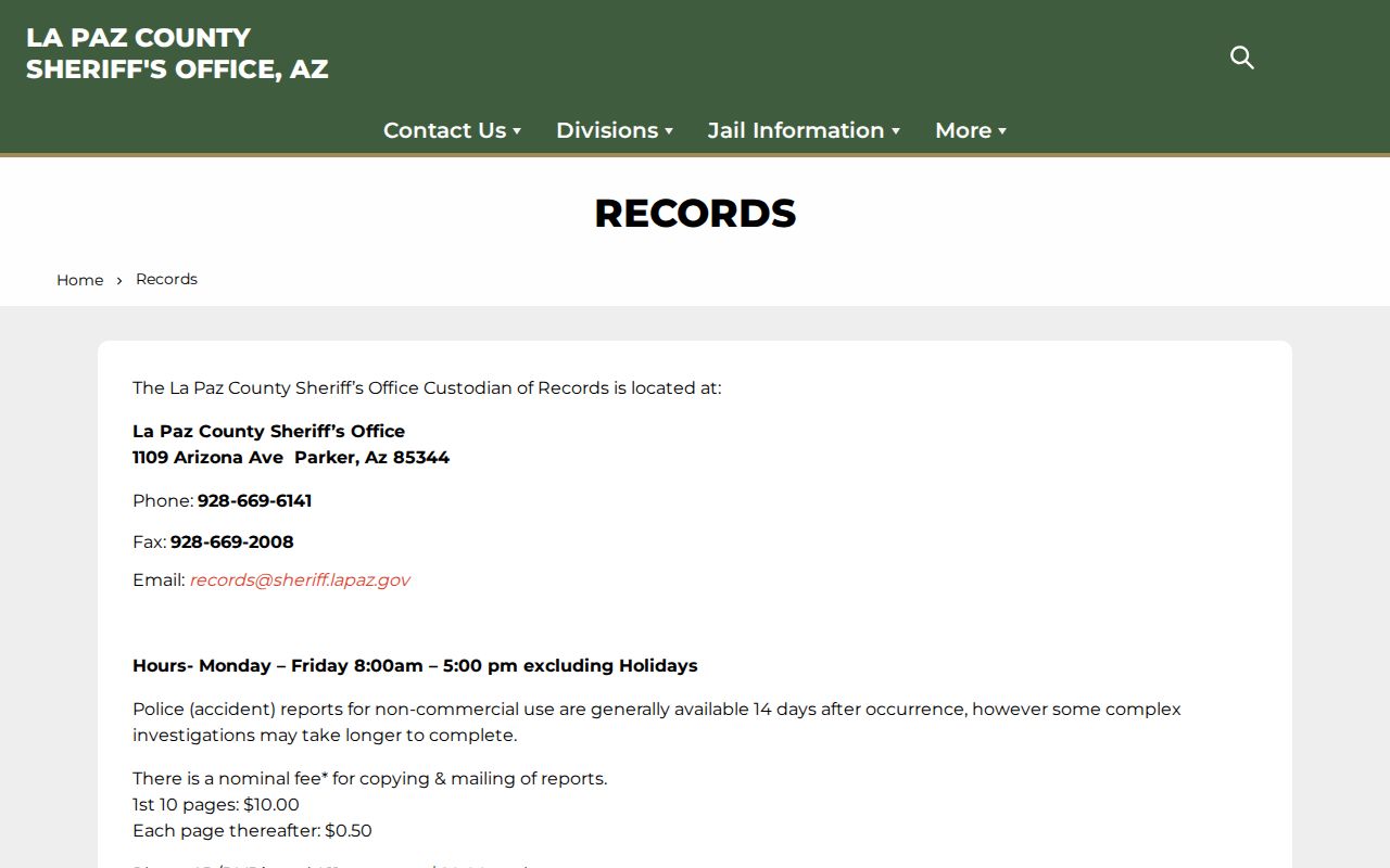 La Paz County Sheriff arrest records request contact page