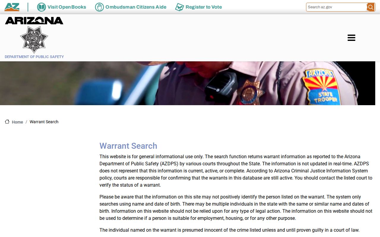 Arizona Department of Public Safety warrant search with identity fields and verification warnings